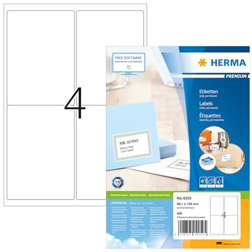 HERMA Etichette Adesive A4, 99,1 x 139 mm, 400 Etichette, Bianco