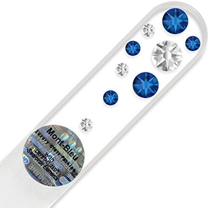 Mont Bleu Purse Size Hand Decorated Crystal Glass Nail File with Swarovski Elements, Czech Tempered Glass, Lifetime Guaranty, in Suede Sleeve (Capri Blue - Crystal)