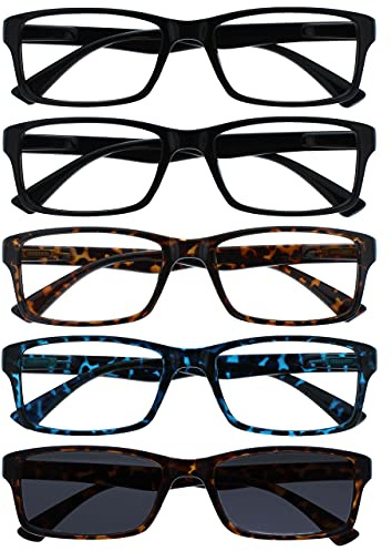 OPULIZE PEP Reading Glasses for Women Men, Large Rectangular Designer Frame with Spring Hinges, Scratch Resistant, Black, Brown, Blue, Brown Sun +1.5 (Pack of 5)