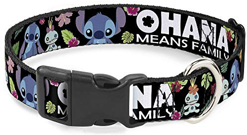 Buckle-Down Plastic Clip Collar - OHANA MEANS FAMILY/Stitch & Scrump Poses/Tropical Flora Black/White/Multi Color - 1 Wide - Fits 15-26 Neck - Large | Lilo and Stitch Ohana Means Family Stitch Scrump Poses Tropical Flora Black Durable Adjustable ID Tag Ring Side Release