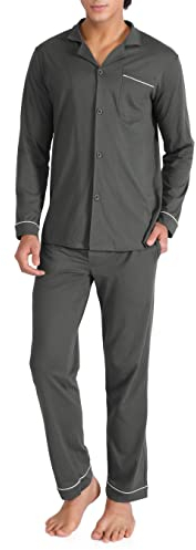 DAVID ARCHY Pigiama da Uomo in Cotone Pigiama da Notte Camicia a Maniche Lunghe e Pantaloni Lounge con Tasche con Bottoni, Morbido e Confortevole