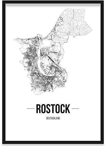 JUNIWORDS Stadtposter, Rostock, Wähle eine Größe, 21 x 30 cm, Poster mit Rahmen, Schrift B, Weiß