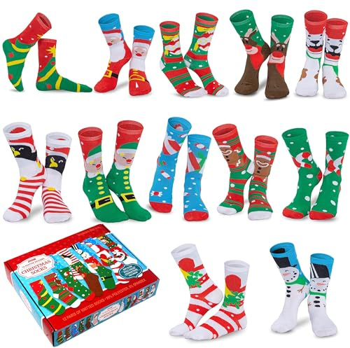 JOYIN 12 Pairs Christmas Socks, Christmas Crew Socks for Women, Holiday or Birthday Gift