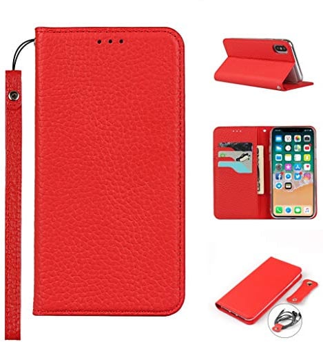 Copmob iPhone XS Max Case,Genuine Leather Flip Wallet Case,[3 Card Holders][Magnetic][RFID-Blocking],Protective Phone Case Cover for iPhone XS Max - Red