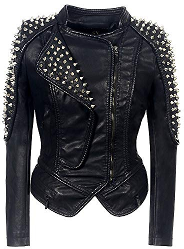 SUKDO Kurze Bikerjacke Mit Revers, Niete Aus PU-Lederjacke Für Damen Dekorativer Punk Slim Fit Soft Comfortable Swallowtail Großer Schwarzer Kurzmantel,Schwarz,M
