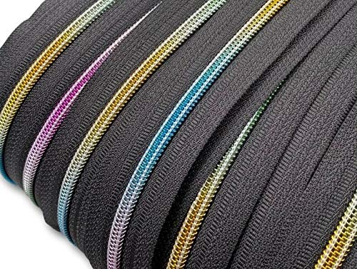 Reißverschluss endlos Spirale Regenbogen 5mm Meterware mit Zipper (Grau, 5m + 10 Zipper)