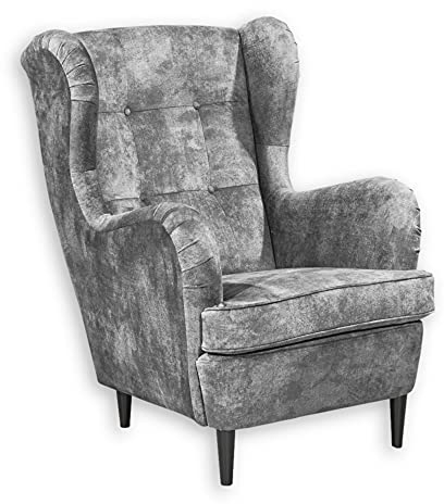 OSKAR 3 Ohrensessel mit geknöpfter Polsterung, Grau - Vintage Wohnzimmer Sessel mit Massivholz Füßen - 78 x 102 x 98 cm (B/H/T)