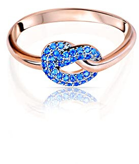Tiramisu | Bague “Nœud en Argent Sterling 925 Plaqué Or Rose Avec Zircons Cubiques | Petit Bijou pour Fille/Femme | Taille Ajustable | Pierres Bleues | Cadeau Spécial Élégant | Sans Nickel