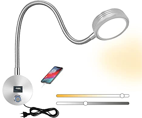 LYTLM Leselampe Wandmontage, LED Wand Bettlampe Schlafzimmer Wandlampe Mit Schalter Touch, Bett Leselicht Kinder Innen Wandleuchte Mit USB-Ladeanschluss, Dimmbar Schwanenhals Lampe Mit Stecker 5W