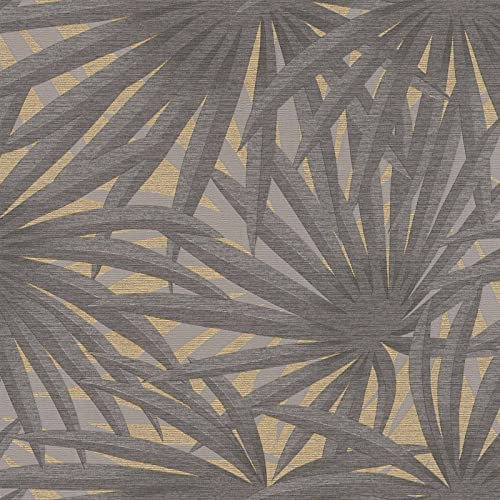 Papier peint palmier gris & doré tendance | Tapisserie palmier grise & or moderne salon | Papier peint feuille intissé couloir