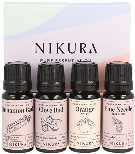 Nikura Winter Essential Oil Gift Set - 4 x 10ml | Essential Oils for Diffusers for Home, Aromatherapy, Clean Home | Cinnamon, Clove, Sweet Orange, Pine Needle | UK Made