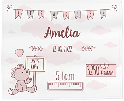 Striefchen® Baby Kuscheldecke zur Geburt, 120 x 100 cm, für Jungen und Mädchen, Teddy Motiv mit Wunschangaben Rosa