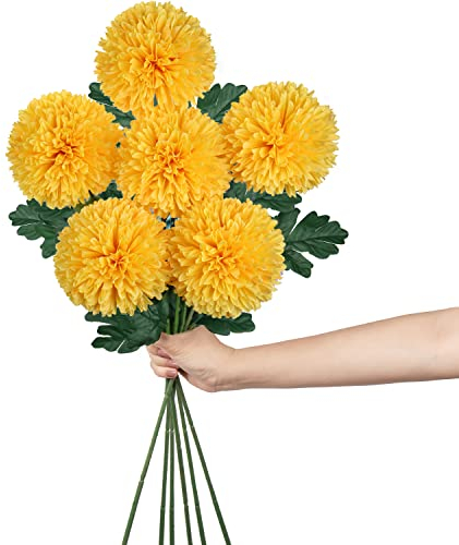4'' Large Artificial Chrysanthemum Flowers with 24.7'' Long Stem, 6 pcs Yellow Fake Silk Flowers Faux Ball Flowers for Home Decor, Bridal, Wedding, Party, Garden, Floral Arrangement