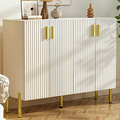 Buffet Moderne avec 4 Portes, Rangement Chambre, Petit Buffet de Rangement, Meuble de Rangement, Commode Blanche, avec Pieds en métal doré - pour Salon, Salle à Manger - Blanc, MDF, 120 x 41 x 95 cm