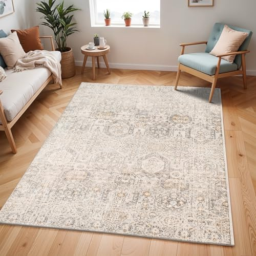 Livabliss Oran Vintage Rug - Area Rugs for Living Room 130x170 cm, Bedroom - Scandi Neutral Rugs, Traditional Patterned Boho Style, Natural Easy Care Pile - Large Rug, Grey, Beige, Mustard