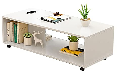 LUCBEI Table de Bout en Verre trempé Table Basse Rectangle de Conception Simple, Table à thé à 2 Niveaux latérale Moderne Table Basse avec Roues for Salon Blanc Table de Bout Ronde