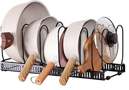 JZZANG Expandable Pans Organiser Rack, with 7 Dividers Pan Organiser Rack Pot Lid Organizers, Adjustable Pan Lid Holder, Pan Organiser for Cupboard for Kitchen Cupboard Pantry Cabinet