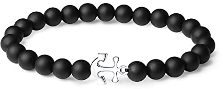 FANCIME Perlenarmband Herren, Schwarz Armband Herren mit 8mm Obsidian Perlen und 925 Sliber Anker Anhänger, Elastisches Kugel Armband Herren, Geschenk für Männer