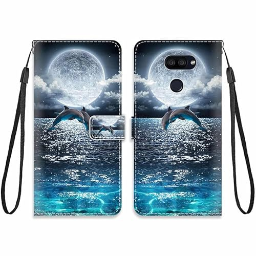 KARTXITAI Hülle Kompatibel mit LG K40S,Leder Handyhülle mit Kartenfach Geld Slot Ständer PU Ledertasche Wallet Flip Magnetische Muster Schutzhülle-Delfine,Meer Mond,Himmel