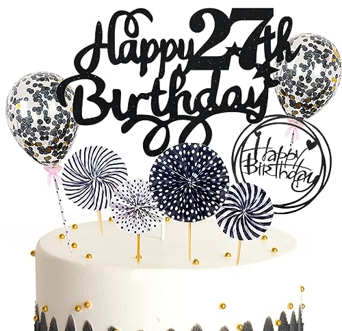 Feelairy Tortendeko Happy Birthday Deko Kuchendeko 27. Geburtstag Mann Frau, Schwarz Kuchen Topper 27. Geburtstag, Cake Topper Happy Birthday Ballon für Geburtstagstorte Deko 27 Jahre Frauen Männer