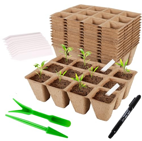 MQVXT Macetas de Cultivo biodegradables cuadradas,24 Piezas Macetas Biodegradables para Plántulas y Trasplantes con 288 pcs Etiquetas de Plantas de Plástico para jardín, invernaderos o huertos