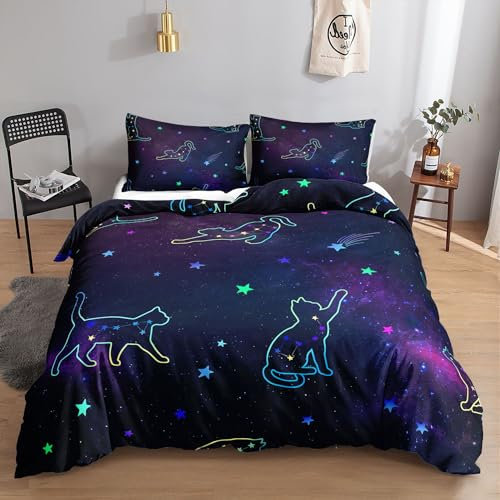HOSIMA Katzen-Bettwäsche-Set für Jungen und Mädchen, Sternenhimmel-Katzen-Aufdruck, Bettbezug mit 2 Kissenbezügen (Sternenhimmel-Katze S)