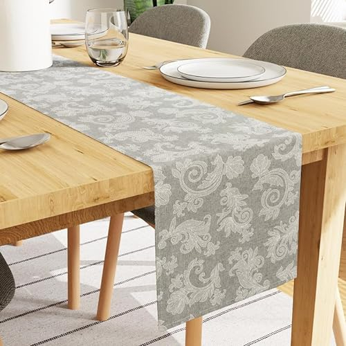 Encasa XO Dining Table Runner for 8 seater I Size 32x240 cm | - Floral Grey Jacquard Style Print on Homespun Cotton | Fast Colours, Machine Washable