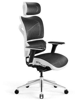 Diablo V-Commander Silla de Oficina Ergonómica Escritorio Reposabrazos 3D Reposacabezas y Asiento Ajustables Soporte Lumbar Tejido de Malla (Blanco-Noir)