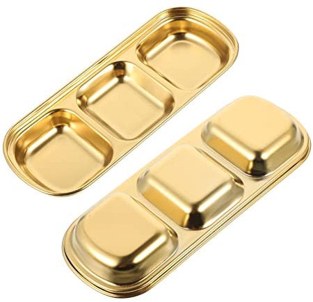 ABOOFAN 2pcs Seasoning Dish Sub Grid Dipping Plate Appetizer Dipping Plate Sushi Dipping Bowl Condiment Tray Korean Ketchup Bowls Soy Bowls Korean BBQ Set Stainless Steel Metal