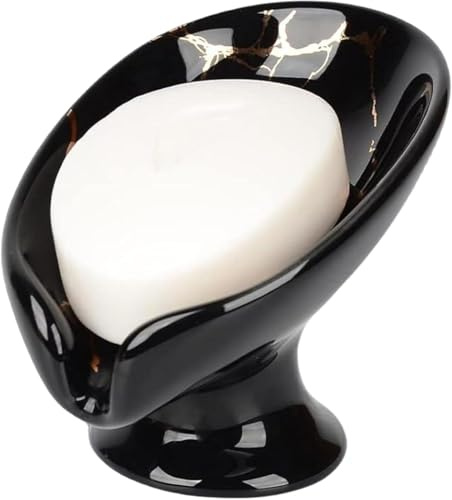 Keramik-Seifenschalenhalter, selbstentleerender Seifenhalter, blattförmige, leicht zu reinigende Seifenschale, geeignet für Badezimmer, Küche, Dusche (weiß) (Schwarz)