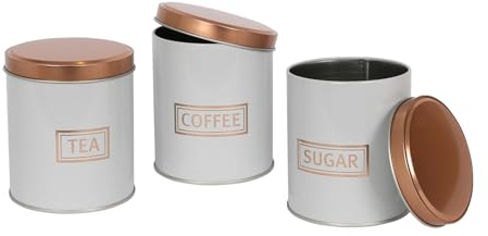 Harbour Housewares 3pc Round Metal Tea Coffee Sugar Canisters Set - White/Copper - Kitchen Storage Tin Caddy Container Tea Coffee and Sugar Canister Jars with Lid