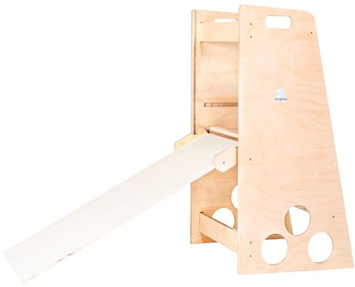 mamikids Learning Tower - Tour Montessorienne en bois naturel avec toboggan pour enfants 2-6 ans, tourelle Montessorienne d'apprentissage, transformable en échelle, table, tabouret enfant, fabriqué en