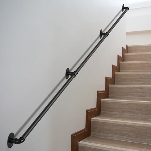 DAMEING Stair Railing 10FT(3M) Metal Staircase Handrail for Outdoor Steps, Black Galvanized Industrial Iron Pipe Hand Rail for Indoor Porch Stairs Wall Mount for Elderly Safety