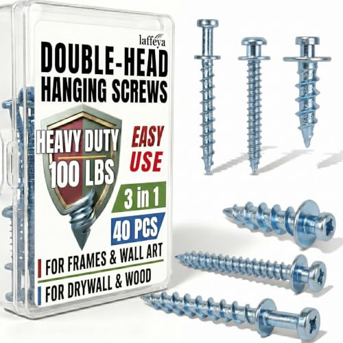 laffeya Double Headed Hanger Bear Claw Screws for Hanging Picture & Posters | 40 Double-head bear claw picture hanging screws for plasterboard, fit D-ring, sawtooth, wire & keyhole (Silver, Three size)