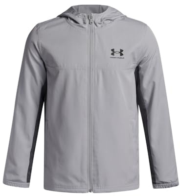 Under Armour Boys' Rival Woven Jacket, Water-Repellent Tracksuit Top for Sprts, PE and Athletics, Lightweight and Breathable Boys' Jacket,Mod Gray/Castlerock/Black,YLG