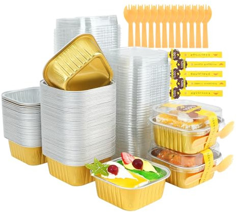 RETON 100 mini moldes cuadrados para hornear pasteles con tapas, moldes de papel de aluminio de 5 onzas para hornear cupcakes, caja de pastel pequeña con calcomanías y tenedores, mini moldes para