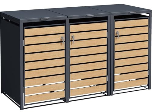 SCHARTEC® Mülltonnenbox 3er anthrazit mit Holz-Design erweiterbar 240l Mülltonnenverkleidung Mülltonnen Sichtschutz Unterstand