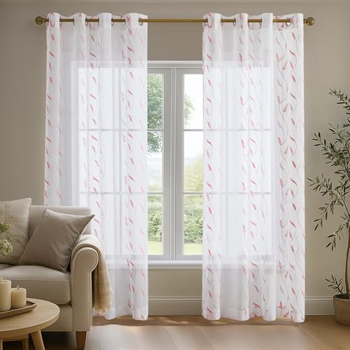 Deconovo Tende per Interni Moderne Ricamate con Anelli 140x290 cm, Tende Trasparenti Eleganti in Voile per Finestre di Camera da Letto e Soggiorno, Set da 2 Pezzi, Rosa