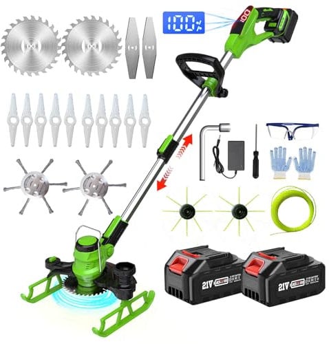 Desbrozadora Bateria 21V, Cortabordes Bateria, Desbrozadora Electrica 5 en 1 Cortabordes Electrico con 2 Baterías, 2 Cepillo de Malas Hierbas, Desbrozadora con Ruedas, Cabezal Pivotante 90°,Green