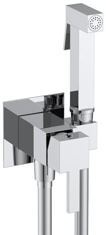 Idroscopino Per WC E Bidet In Ottone Cromato Dal Design Squadrato Completo Di Doccetta Doppia Funzione, Miscelatore Con Corpo A Incasso E Flessibile Da 120 Cm