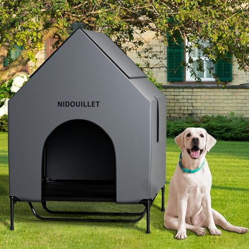 Nidouillet Große Hundehütte für drinnen und draußen, wetterfest, 600D PVC, großes Hundehaus mit 21,6 cm H Textilene, erhöhtes Hundebett, atmungsaktiv, leicht zu reinigen, Hundehütte, max. 90 kg, 121,9