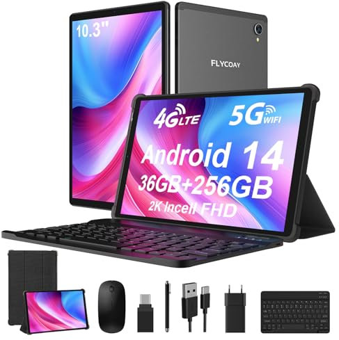 FLYCOAY 2K Tablette 10,4 Inch, 4G LTE+5G WiFi, ave 36GB RAM+256GB ROM (2TB TF), Android 14 Tablet PC, Octa-Core 2.0 GHz, 2000*1200 FHD, 8000mAh, 13MP+8MP, GPS/BT5.0, Tablette avec Clavier etc.(Noir)