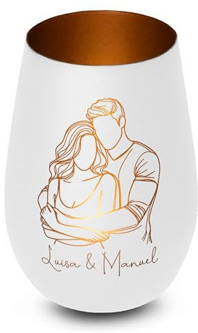 Elegantes personalisiertes Windlicht aus Glas in Weiß-Bronze Paar Line Art - Liebesgeschenk für Paare mit Gravur, Name