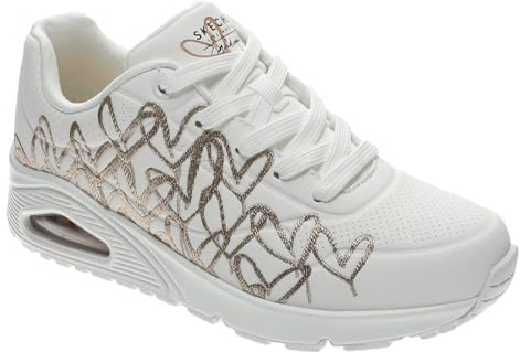 Skechers Women's Uno Golden Heart Sneaker, White Durabuck/Rose Gold Mylar Embroidery, 4 UK