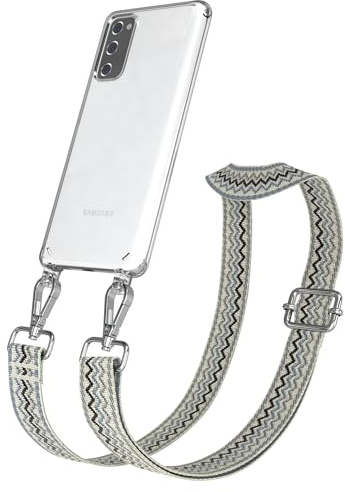 EAZY CASE Handykette - Verstellbares Taschenband kompatibel mit Galaxy S20 FE, Schulterriemen, Handykordel mit Silikon Hülle, Umhängetasche, Wellen - Beige Blau Metall Silber