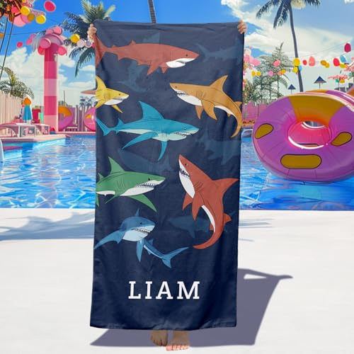 Dihope Strandtuch Personalisiert mit Namen Sandfreies Microfaser Handtücher Badetuch Groß Schnelltrocknend Stranddecke für Kinder, Teenager, Erwachsene,Haifischschwarm
