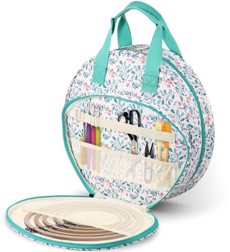 Borsa per progetti di ricamo in tessuto Oxford per punto croce, organizer con tasche multiple e manico, custodia rotonda portatile per ricamo, cerchi e fili