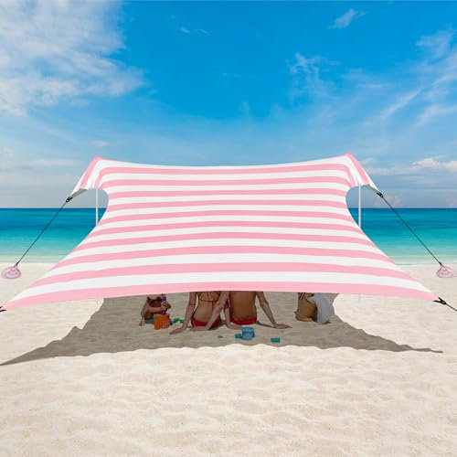 Strandzelt Sonnenschutz 3x3m mit UPF 50+ UV Schutz Zelt - Strandmuschel Sonnensegel Tragbar inkl. Sandanker & Heringe für Camping, Park, Angeln - Einfacher Aufbau, Rosa Streifen