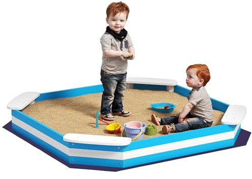 AIYAPLAY Bac à Sable en Bois, bac à Sable pour Enfants 3-6 Ans avec 4 sièges, bac à Sable avec Doublure de Fond, 133 x 133 x 16 cm, Bleu
