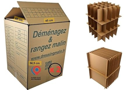 Kit de Déménagement Verres et Assiettes, 2 Cartons 114L double épaisseur, Séparateurs pour 75 Verres et 24 Assiettes, 45 x 45 x 56,5 cm avec intercalaires